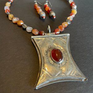 Handmade African Tuareg Necklace with Earrings - Tribal Silver and Carnelian